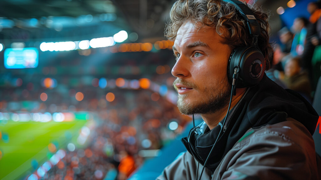 Man wearing headphones in stadium
